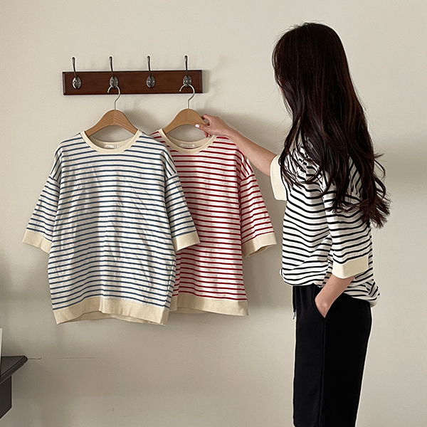 [valyou] Runner Horizontal Striped Short Sleeve Sweatshirt