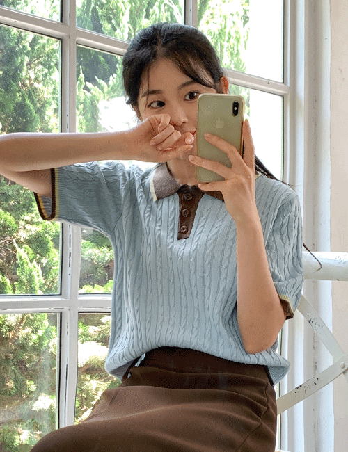 3 step Color Matching Collar Short-Sleeved Knitwear Korea