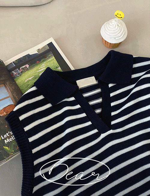 [Dear Short Women] Lan horizontal striped Collar Knitwear Vest Korea