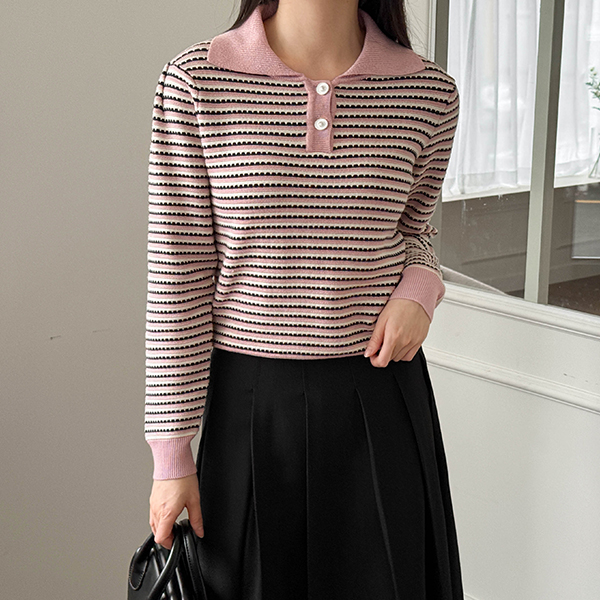 Horizontal striped Silver Button Collar Knitwear