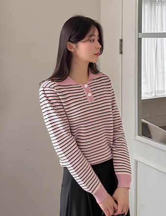 Horizontal striped Silver Button Collar Knitwear Korea