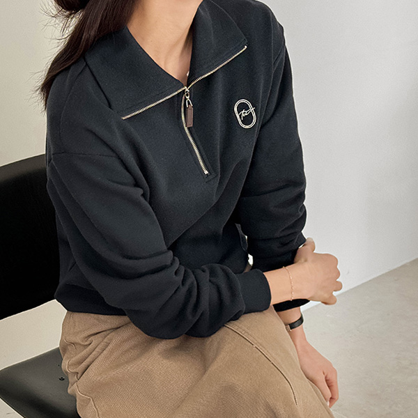 Embroidered Leather Semi-Zipup Sweatshirt