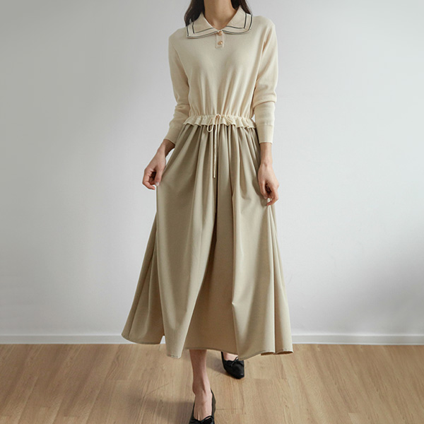 String Color Matching Collar Dress