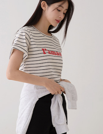 Ment horizontal striped Cotton short-sleeved T-shirt Korea