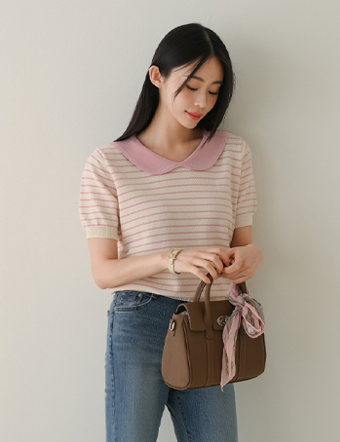 Round Collar horizontal striped Short-sleeve Knitwear Korea