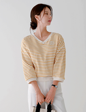 v-neck embroidery horizontal striped sweatshirt Korea