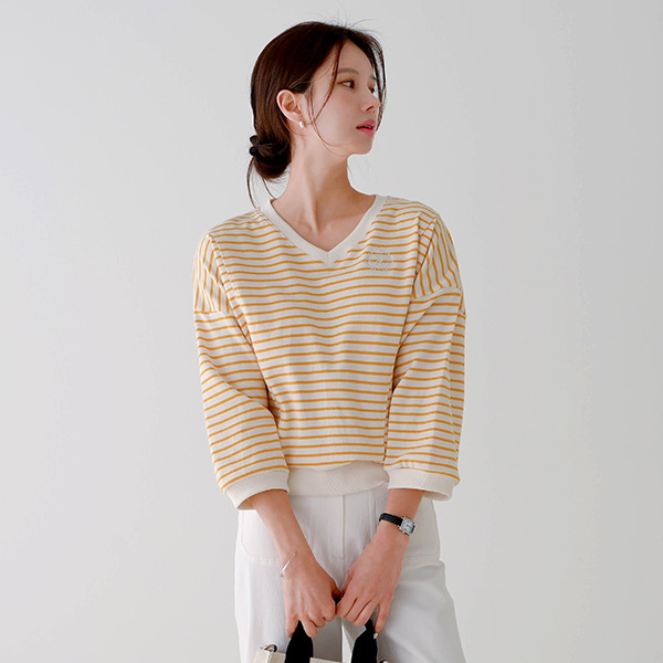 v-neck embroidery horizontal striped sweatshirt