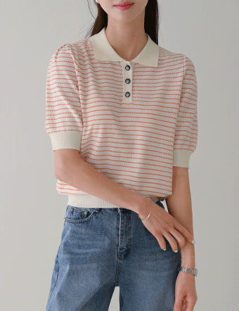 Stripe Collar Short-sleeve Knitwear Korea