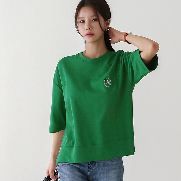 Embroidery Incision 3/4 sleeve Slit T-Shirt