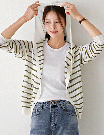 【TIME SALE 34%】Fine horizontal striped Hood Cardigan Korea