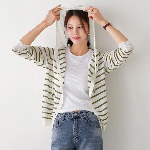 【TIME SALE 34%】Fine horizontal striped Hood Cardigan