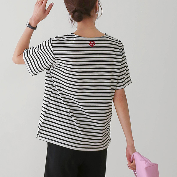 [valyou] Heart embroidery horizontal striped Short-sleeve T-shirt