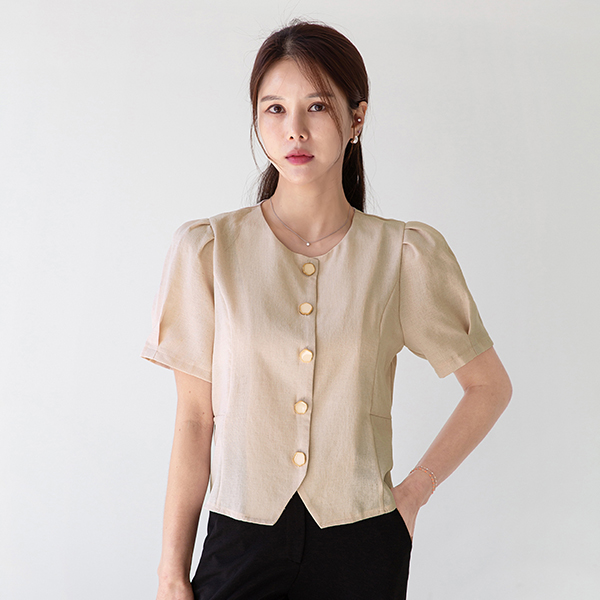 Honey mother-of-pearl button short-sleeved blouse