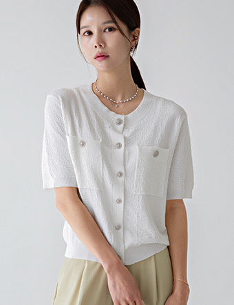 Silver button round short-sleeved cardigan Korea