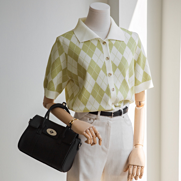 Argyle Short-Sleeved Knitwear Cardigan