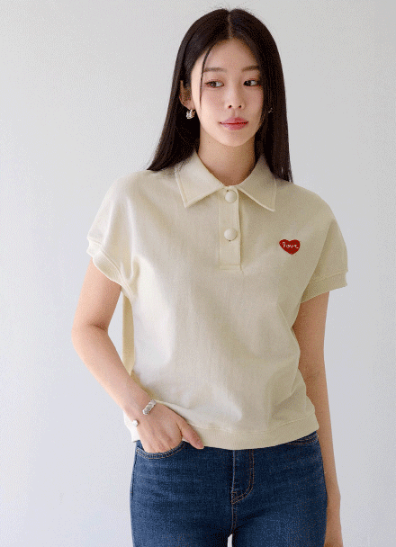 Heart Collar Cap Sleeve T-shirt Korea