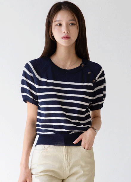 Linen neck button horizontal striped Short-sleeve Knitwear Korea