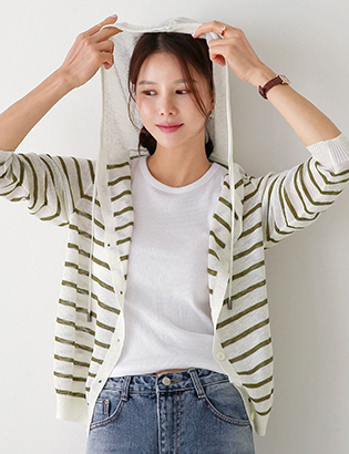 Fine horizontal striped Hood Cardigan Korea