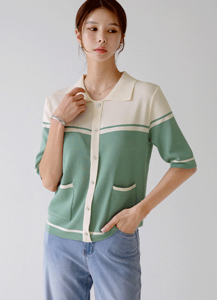 Color matching collar flower button knitwear Korea