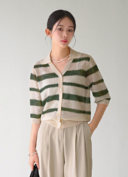 Summer horizontal striped Collar Cardigan Korea