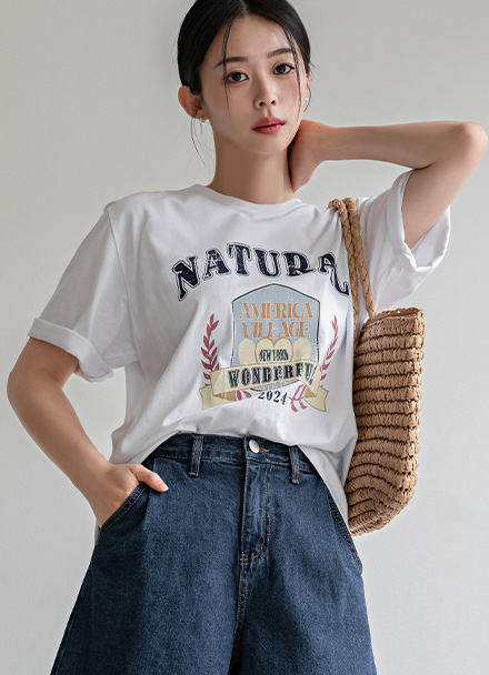 Natural Cotton Printed Short-Sleeved T-Shirt Korea