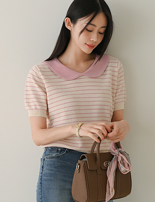 Round Collar horizontal striped Short-sleeve Knitwear Korea