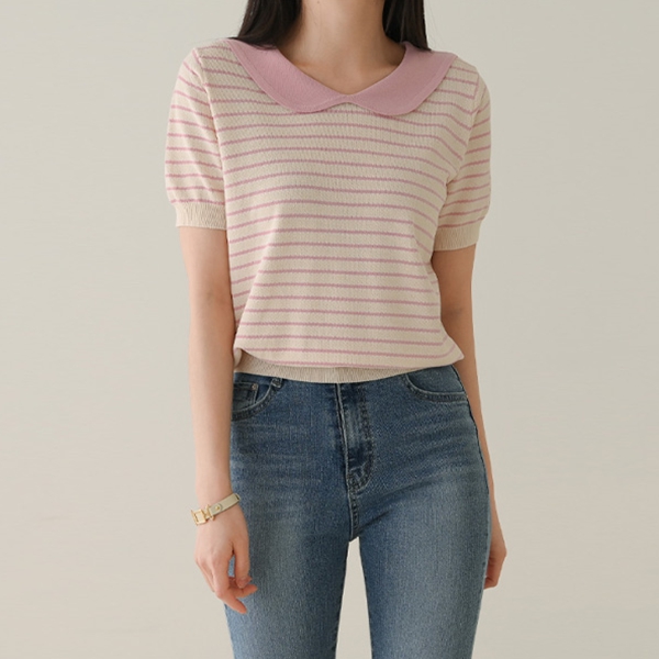 Round Collar horizontal striped Short-sleeve Knitwear