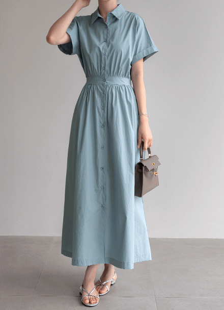 Blooming Short-sleeve Collar Long Dress Korea