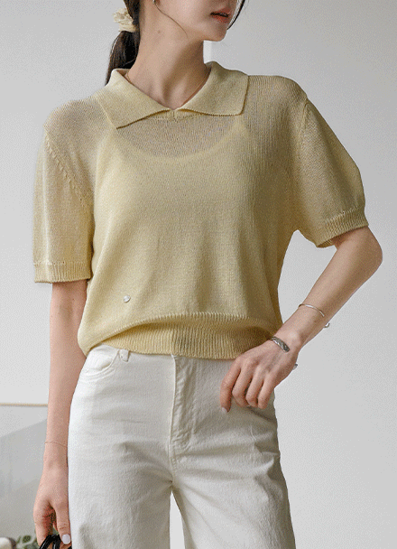 Mother-of-pearl Point Collar Short-sleeve Knitwear Korea