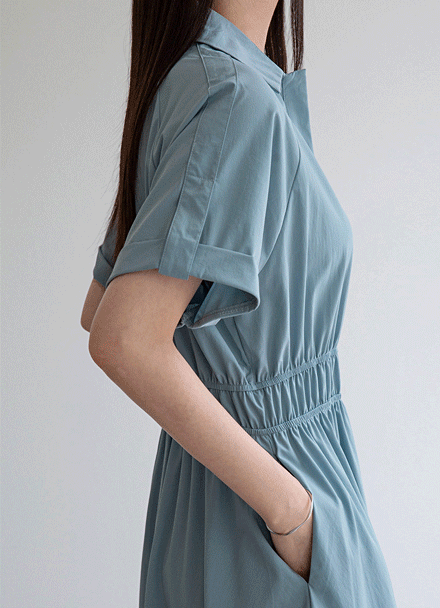 J Shirring Roll-Up Collar Dress Korea