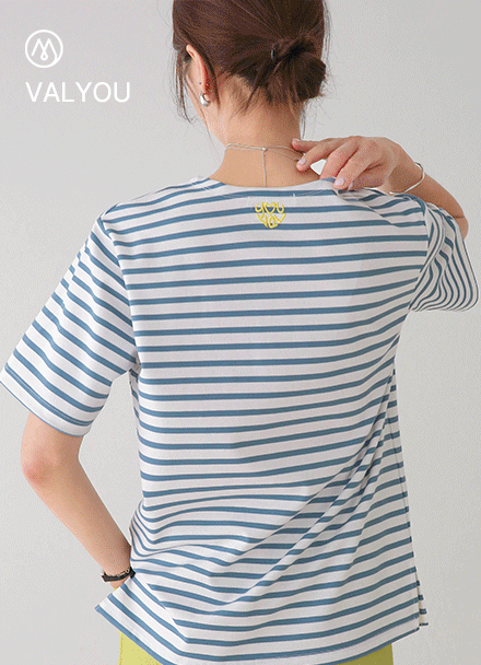 [valyou] Heart embroidery horizontal striped Short-sleeve T-shirt Korea