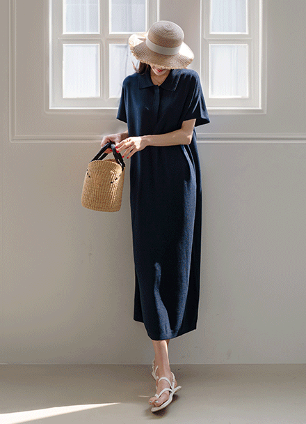 Double Collar Cap Sleeve Viscose Dress Korea