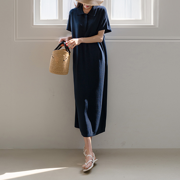 Double Collar Cap Sleeve Viscose Dress