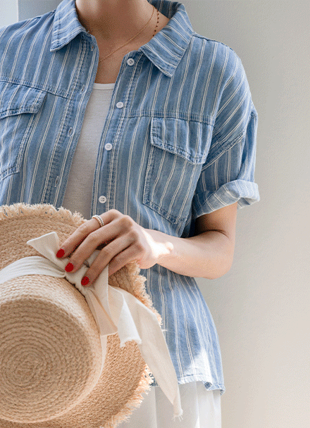 Stripe Denim Short-sleeve Shirt Korea