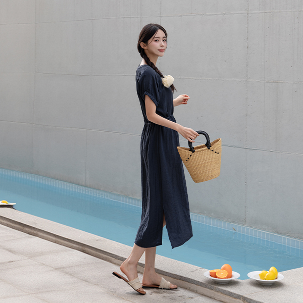 Shirring Linen string Long Dress