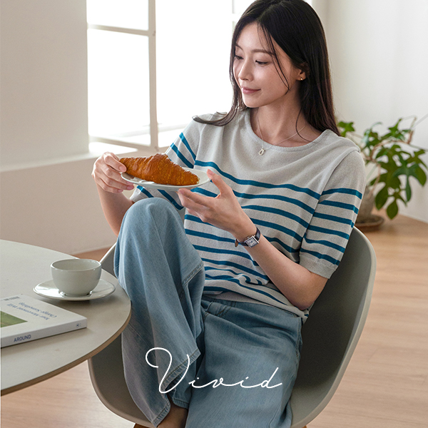 비비드 horizontal striped Short-sleeve Knitwear