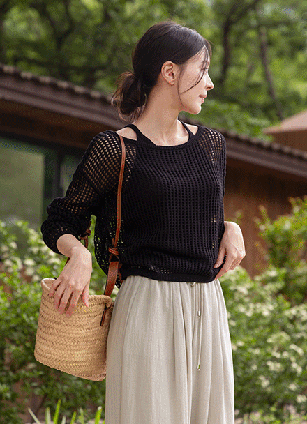Net Punching Knitwear Layered Set Korea