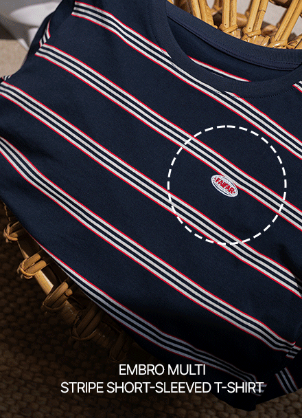 Embroidery Multi Horizontal striped Short-sleeve T-shirt Korea