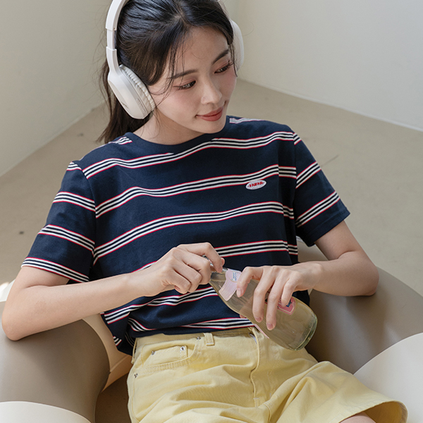 Embroidery Multi Horizontal striped Short-sleeve T-shirt
