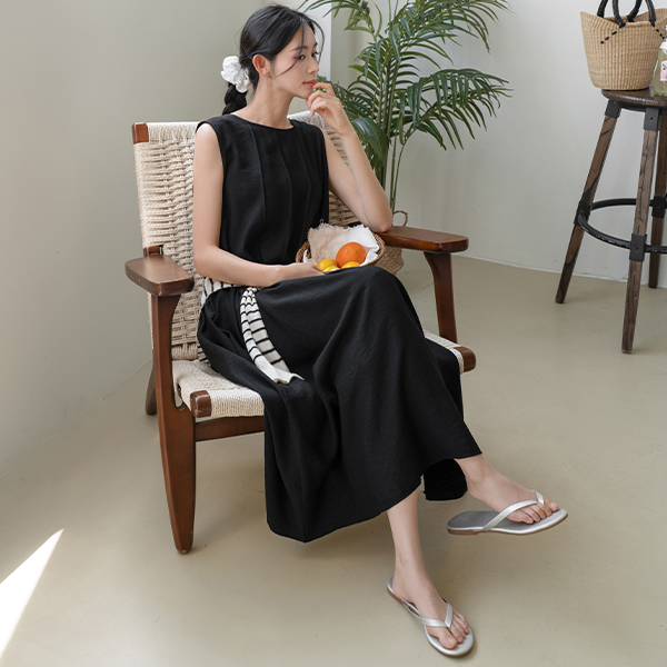 [Special Sale] Linen Pintuck Sleeveless Shirts Long Dress