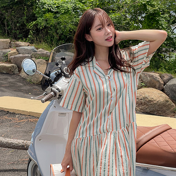 Laro Striped Button Collar Dress