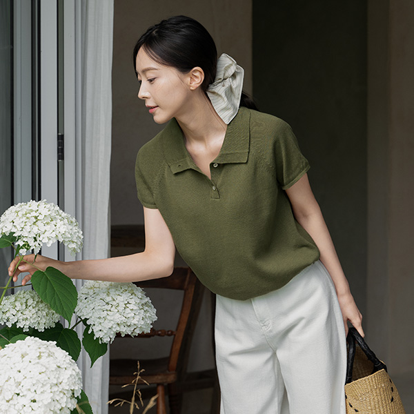 Linen Collar Button Short-sleeve Knitwear