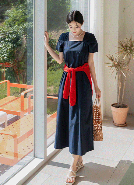 Square Neck Cap Sleeve Long Dress Korea