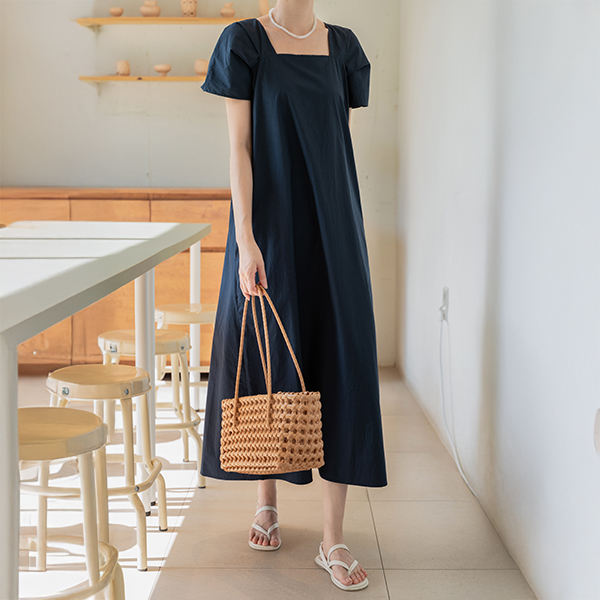 Square Neck Cap Sleeve Long Dress