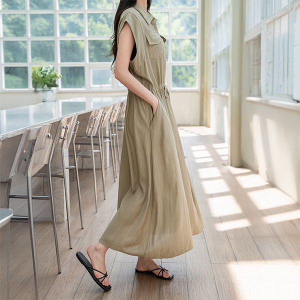Collar Pocket String Sleeveless Shirts Dress