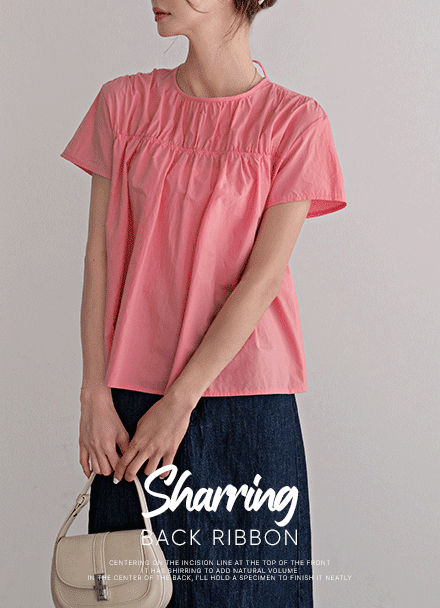 Back Ribbon Shirring Short-sleeve Blouse Korea