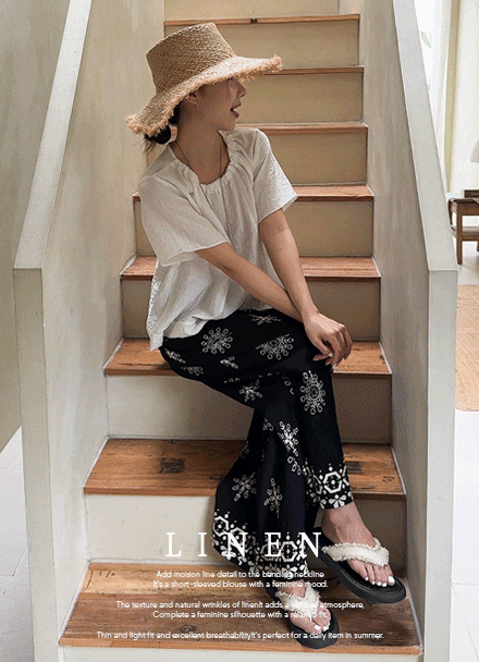 Linen Banding Short-sleeve Blouse Korea