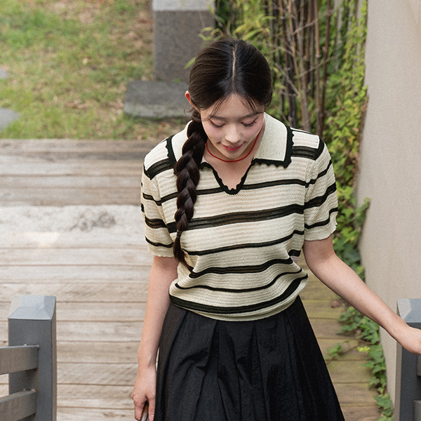 오픈 Collar lace horizontal striped Knitwear