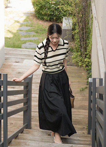 오픈 Collar lace horizontal striped Knitwear Korea