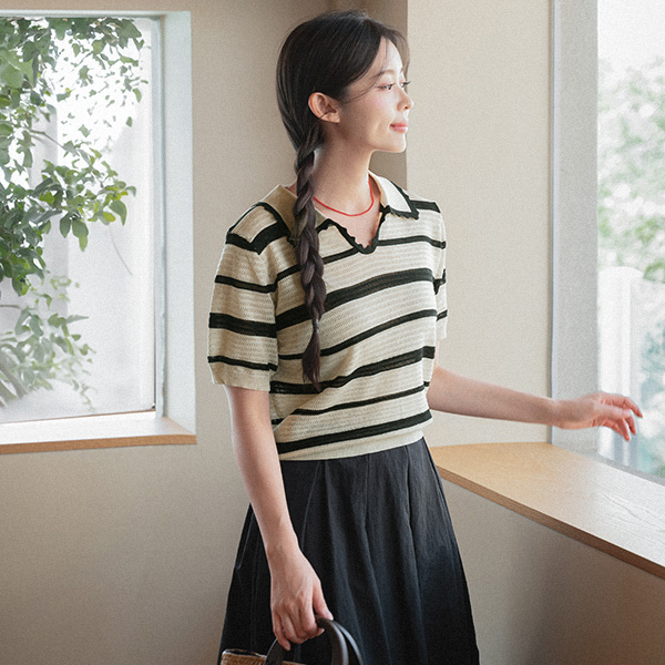 오픈 Collar lace horizontal striped Knitwear